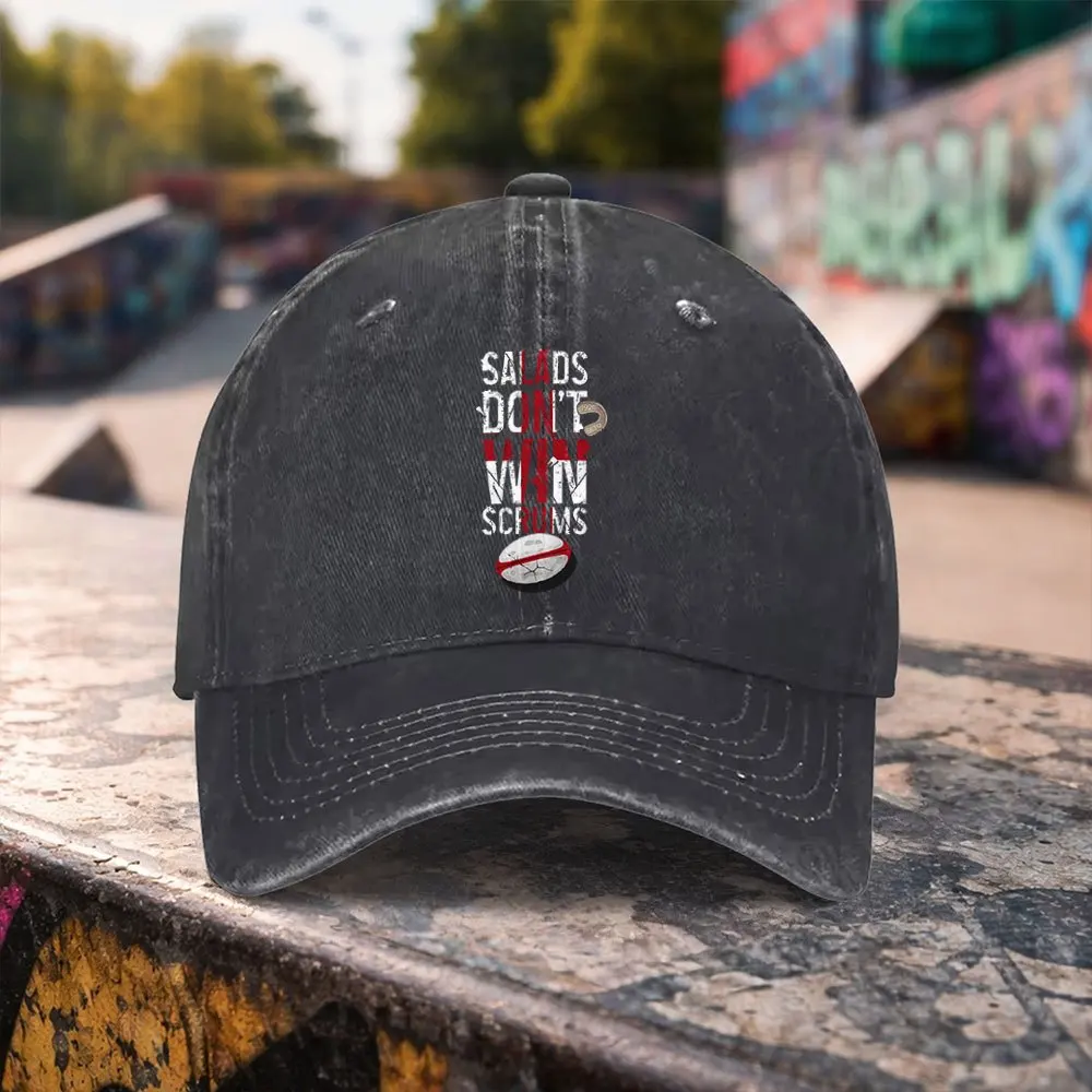 Casquette de baseball délavée avec impression « SALADS DON'T WIN SCRUMS » - Casquette réglable à visière plate, idéale pour les sports de plein air et les tenues décontractées