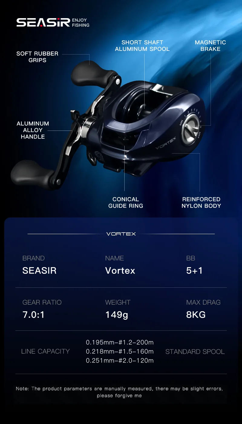 Seasir Vortex Baitcasting-Rolle 7:1 Hochgeschwindigkeits-Übersetzungsverhältnis 5+1BB Max. Bremskraft 8kg Süß- und Salzwasser-Angeln – Detail 2