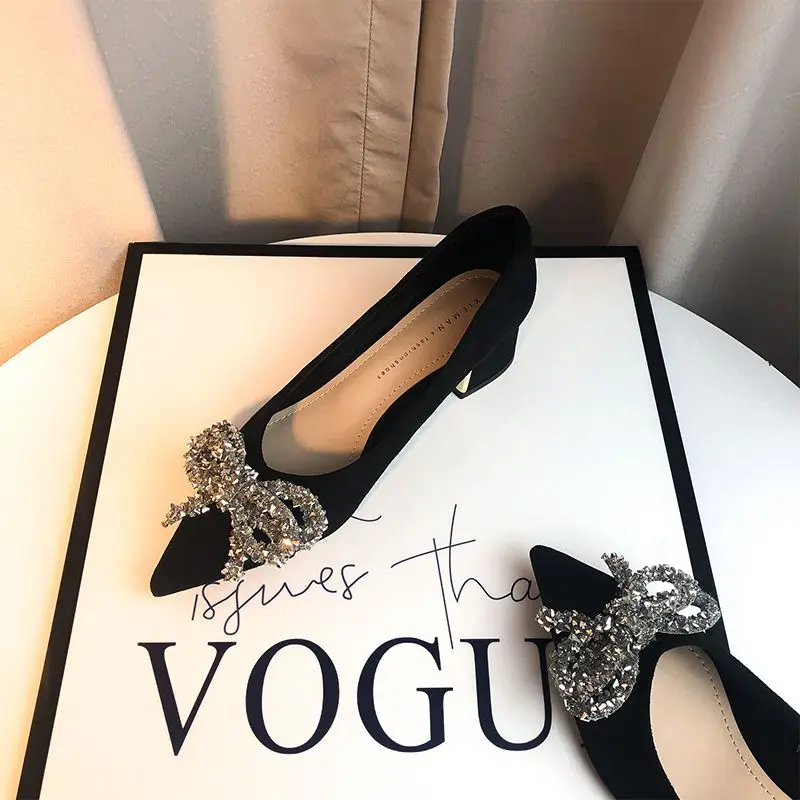 

Женские туфли на высоком каблуке, черные замшевые туфли на толстом каблуке, с острым носком, в французском стиле, весна-осень 2023