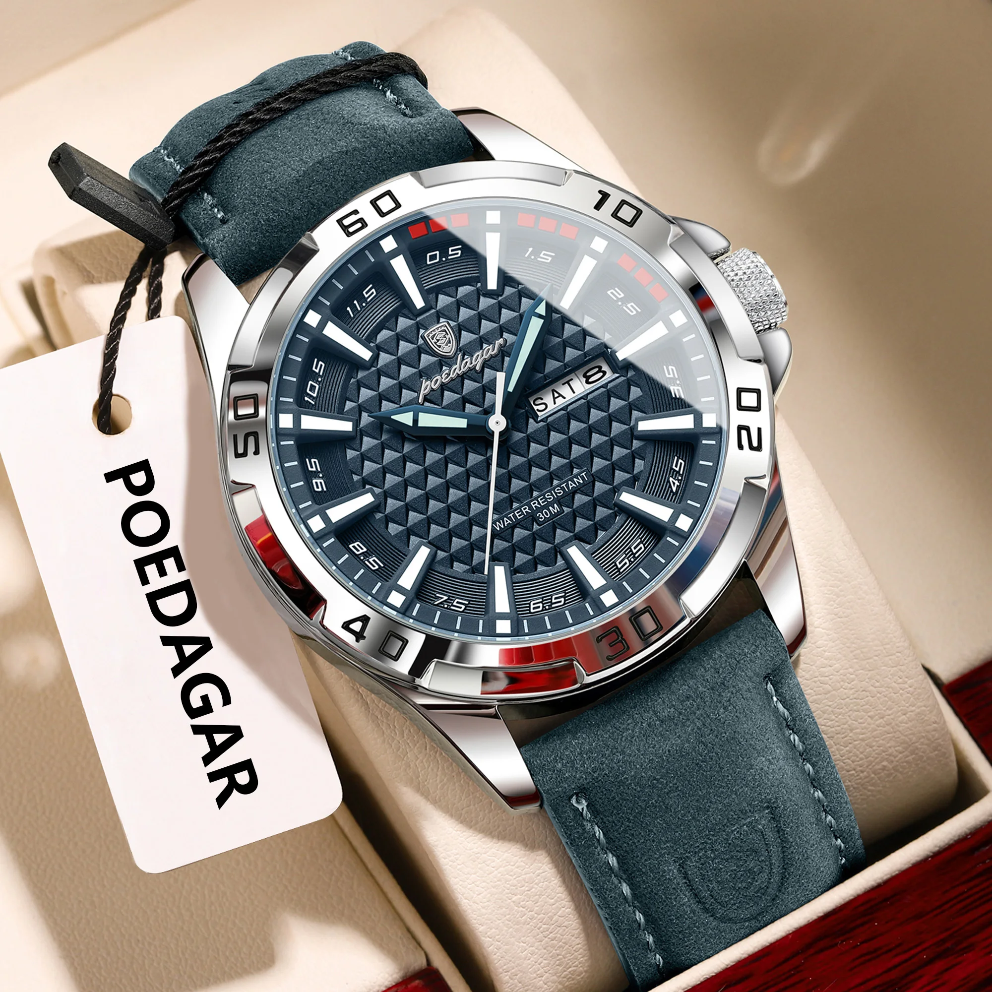POEDAGAR Original Men Watch Luxury Waterproof Luminous Date Week Watch For Man Quartz Leather Fashion Men's Watches Reloj Hombre