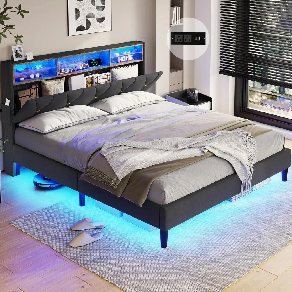 Bed Frame with Outlets and USB Ports, LED Bed Frame with Storage Headboard, Upholstered Platform Bed with Shelf and LED Lights