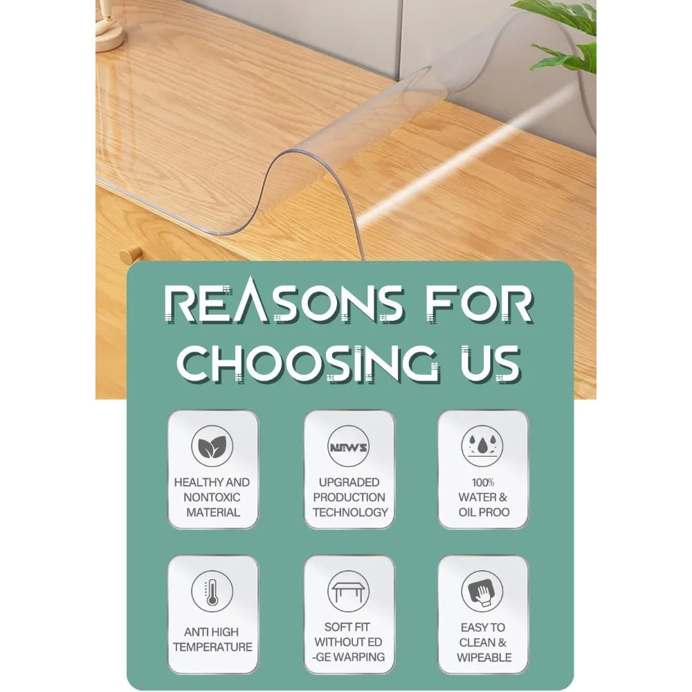 غطاء مفرش طاولة بلاستيكي مستطيل مقاس 58 × 120 بوصة - واقي مفرش طاولة من مادة PVC الشفافة بسمك 1.5 مم وسادة مكتب بلاستيكية من الفينيل لتناول الطعام