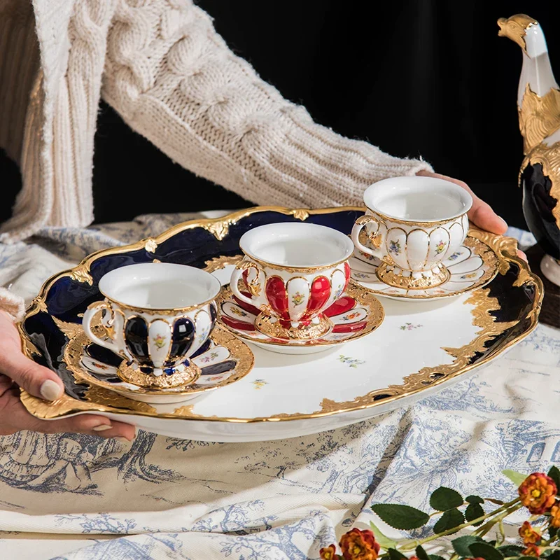 Luxury European Tea Set High-End Coffee Cups and Plates Style Reliefs with Gold Painting Techniques Fine Porcelain
