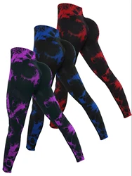 CZGUK Three Piece Women's Tie Dyeing High Waist Seamless Yoga Pants High Waist Sweat Absorbing Outdoor Fitness Tights
