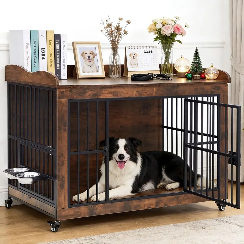 

Деревянные и стальные собачьи будки в деревенском стиле коричневого цвета с местом для хранения, мебель для средних/крупных собак, домик для животных для использования в помещении, приставной столик, подставка под телевизор