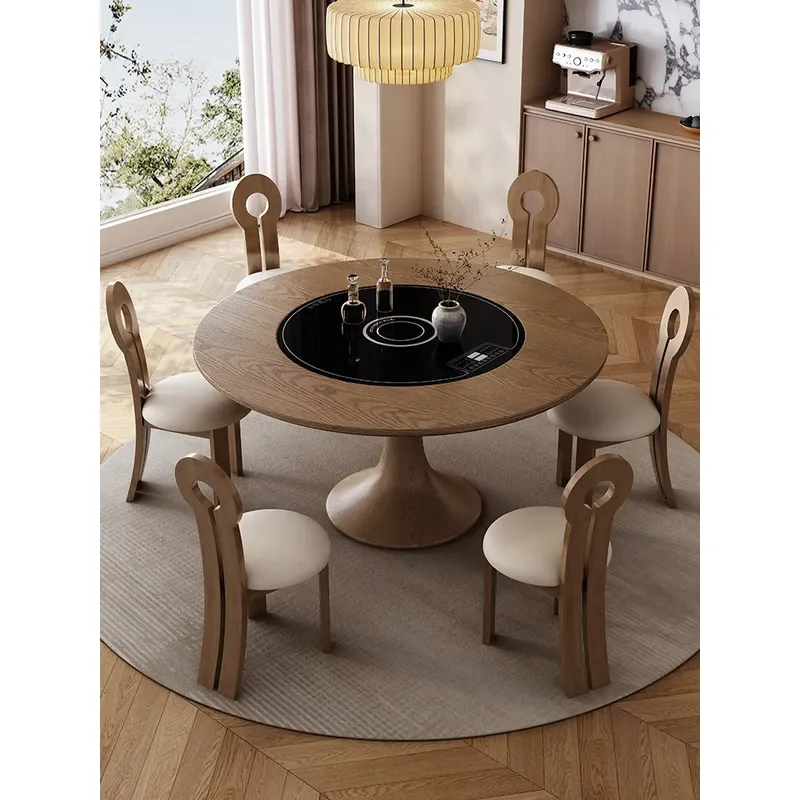 for Solid Wood Round Dining Table and Chairs 2025 New High End Inlaid Vegetable Board Rotating Disc Ash Wood Eating Table