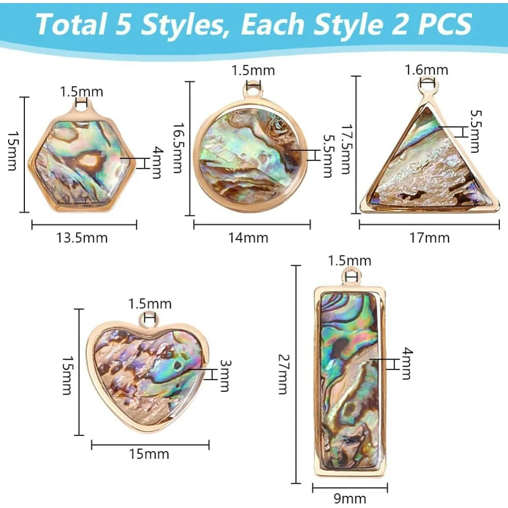 10pcs 5 Styles Natural Abalone Shell Charms Paua Shell Pendants Sea Shell Pendants Heart Round Rectangle Triangle Hexagon Charms