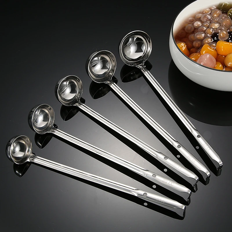 

Stainless Steel Long-handled Soup Spoon with Hook Anti-scalding Quantitative Spoons Multifunctional Multi-size Kitchen Utensils