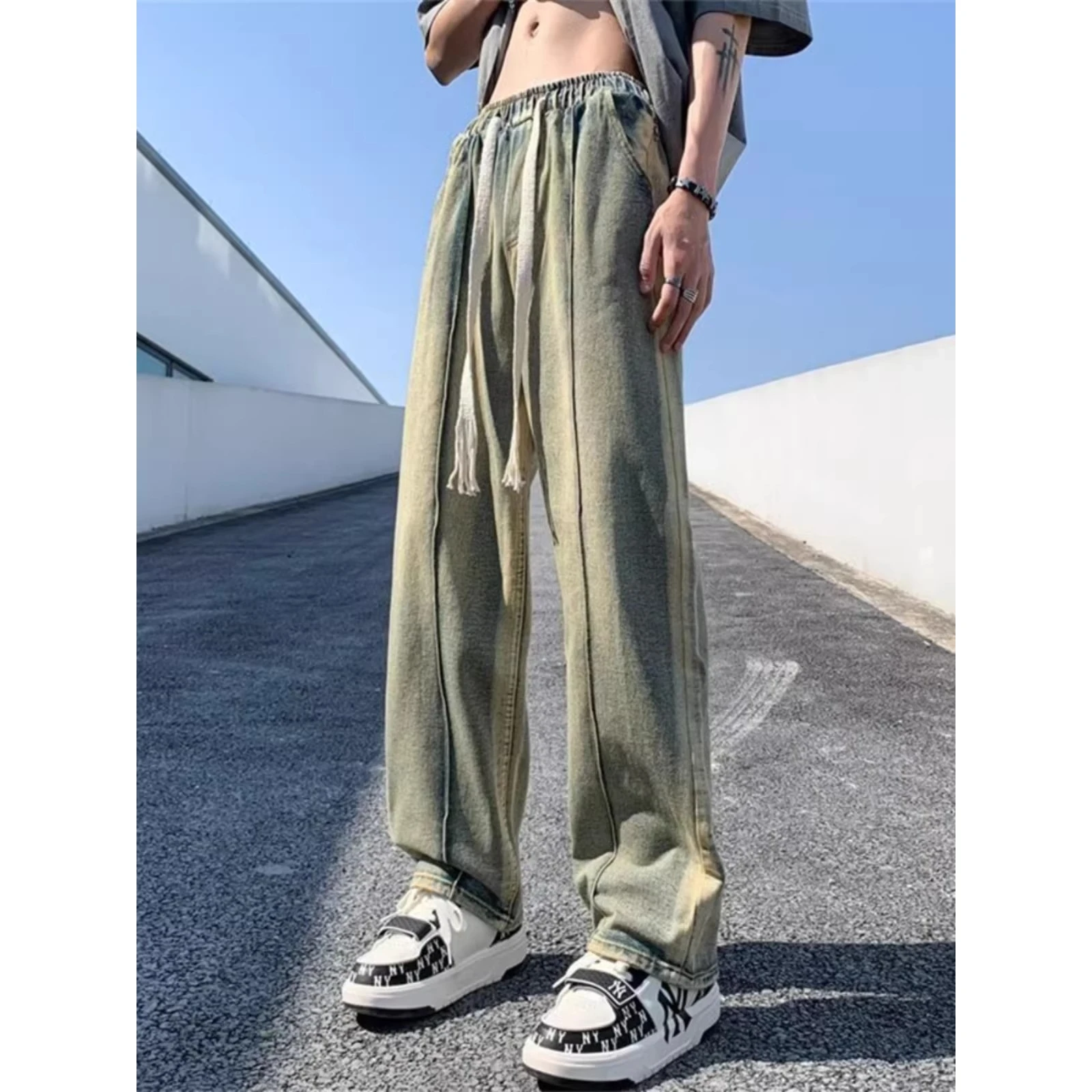 

Casual Waed Mud-Dyed Yellow Denim Jeans Elastic Waist High Street Sle Straight Leg Jeans for Men And Women