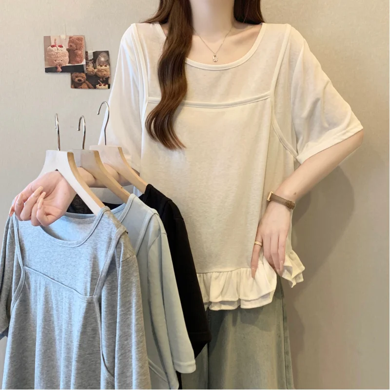 

Plus Size ~ Summer New Design Sense Regular Shoulder Ruffled Short Sleeve Fake Two-Piece Loose T-Shirt for Women