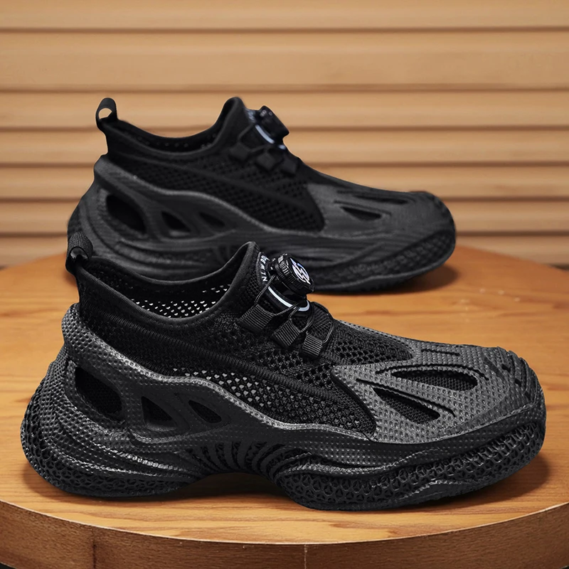 

Men's Running Shoes Summer New Style Mesh Upgraded Version Button Design No-Lace Pure Black Casual Sneakers Breathable Sports
