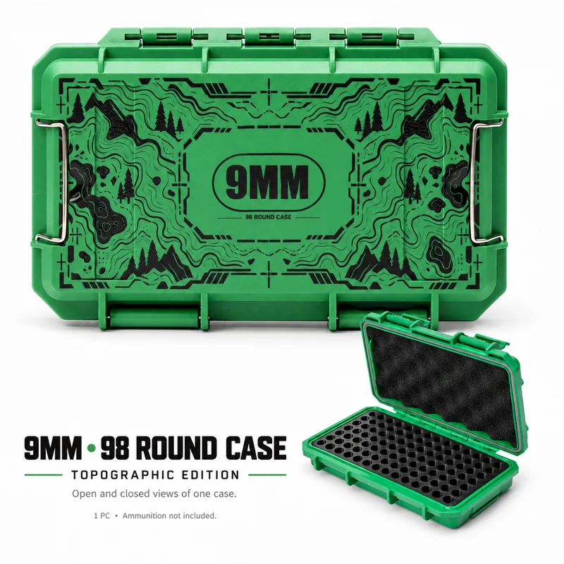 9mm 98 Round Ammo Storage Box Topographic Green ABS Hard Case with Foam Lined Lid and Dual Latches