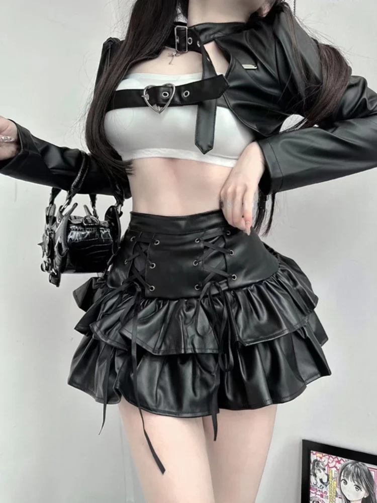 Winter Black PU Leather Three Piece Set Vintage Cake Skirt Suit 2024 Female Casual Korean Fashion Women Patchwork Y2k Lolita Set