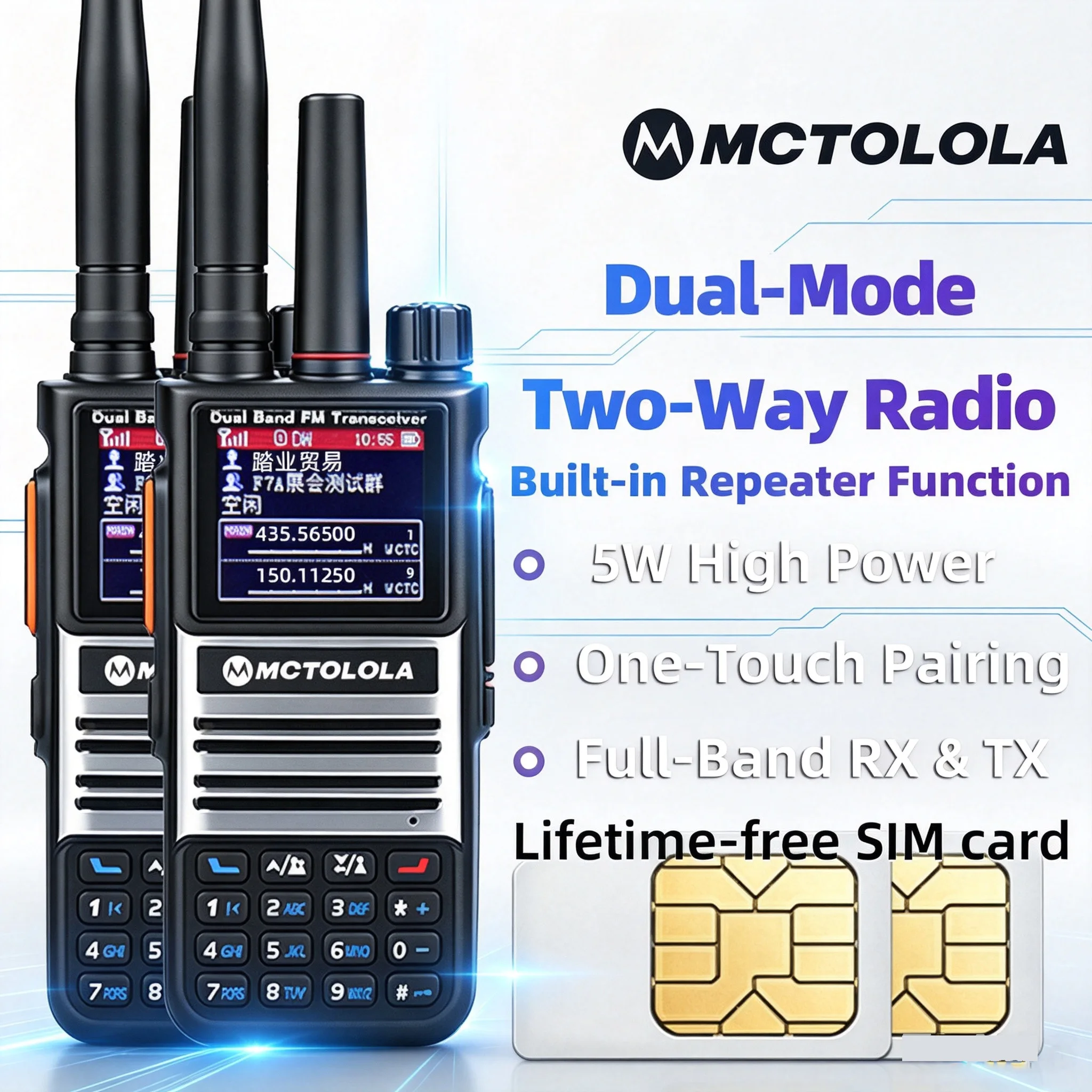 MOTOLOLA 4G POC Dual-Mode Two Way Radio 5W Power Walkie Talkie One-Touch Pairing Full-Band UHF VHF  With Lifetime free SIM Card