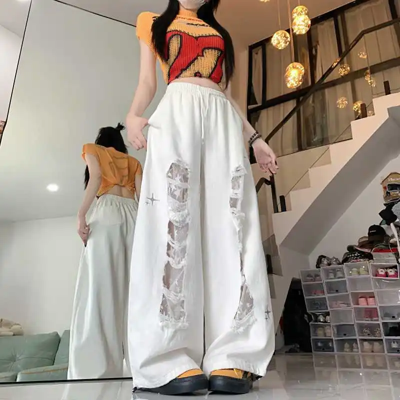 Hip-hop Brand Sticker Ripped Jeans Women's Dance Trousers Design Sense Jazz Babes Casual Pants