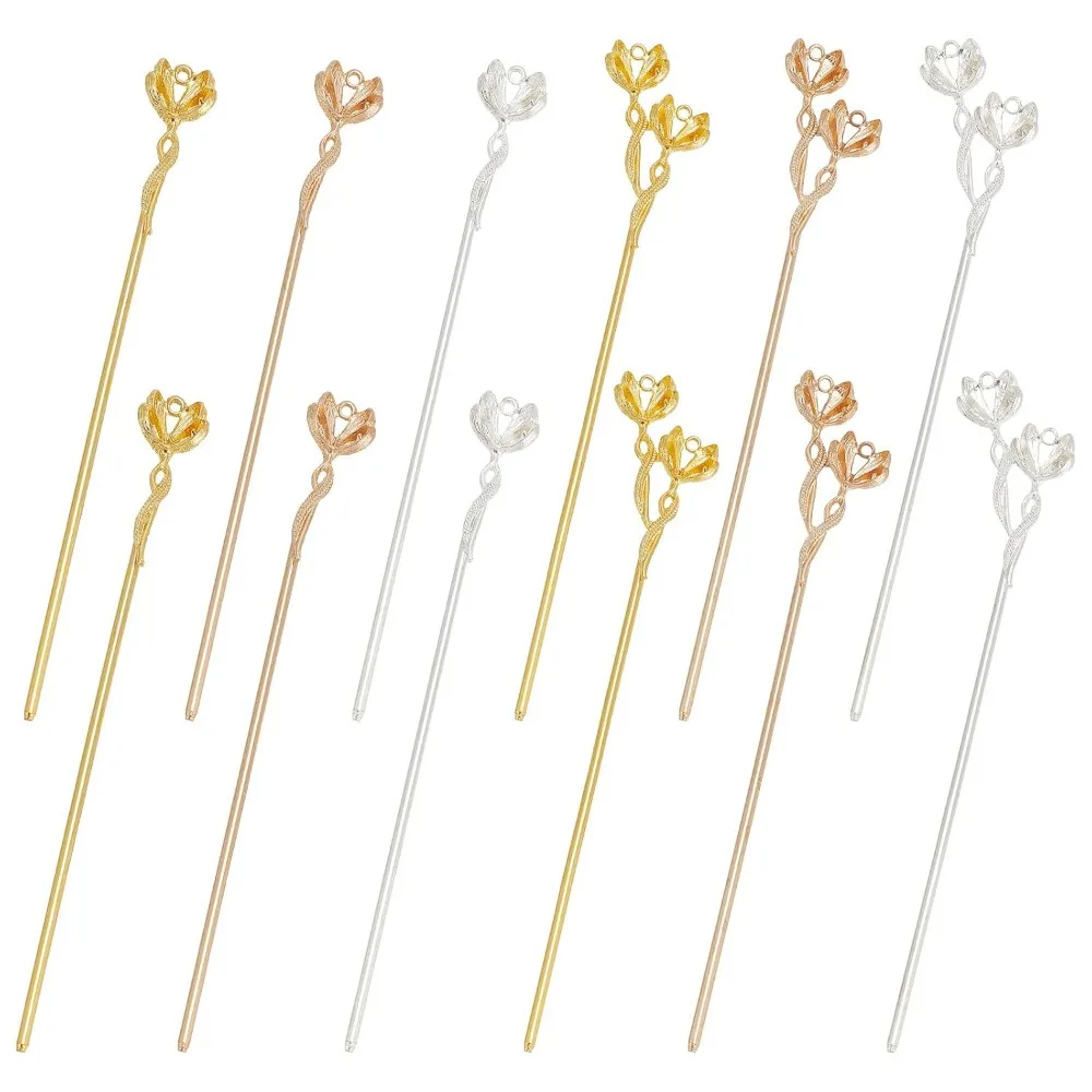 12pcs Hair Sticks 2 Style Flower Shape  Forks 3 Colors Chopsticks Metal Vintage  Pins Decorative  Bun Holders