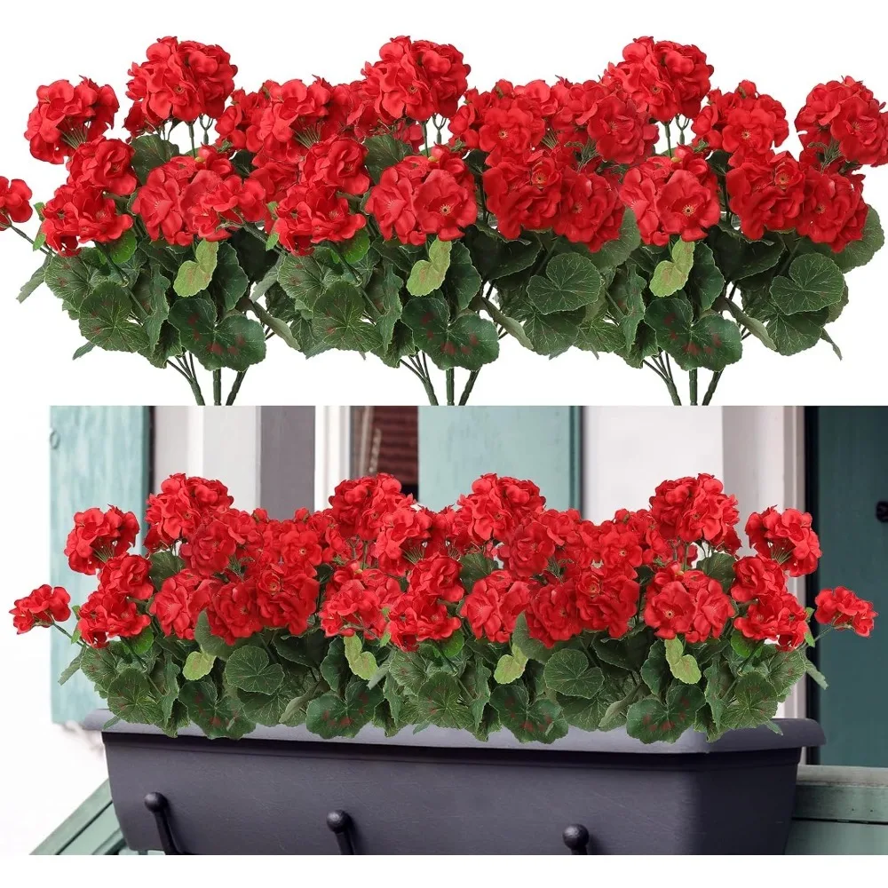 1/5 Piezas de Geranios Artificiales Rojos de 14 Pulgadas, Ramo de Flores de Seda para Manualidades, Decoración de Macetas, Porche, Patio, Hogar, Bodas y Fuentes