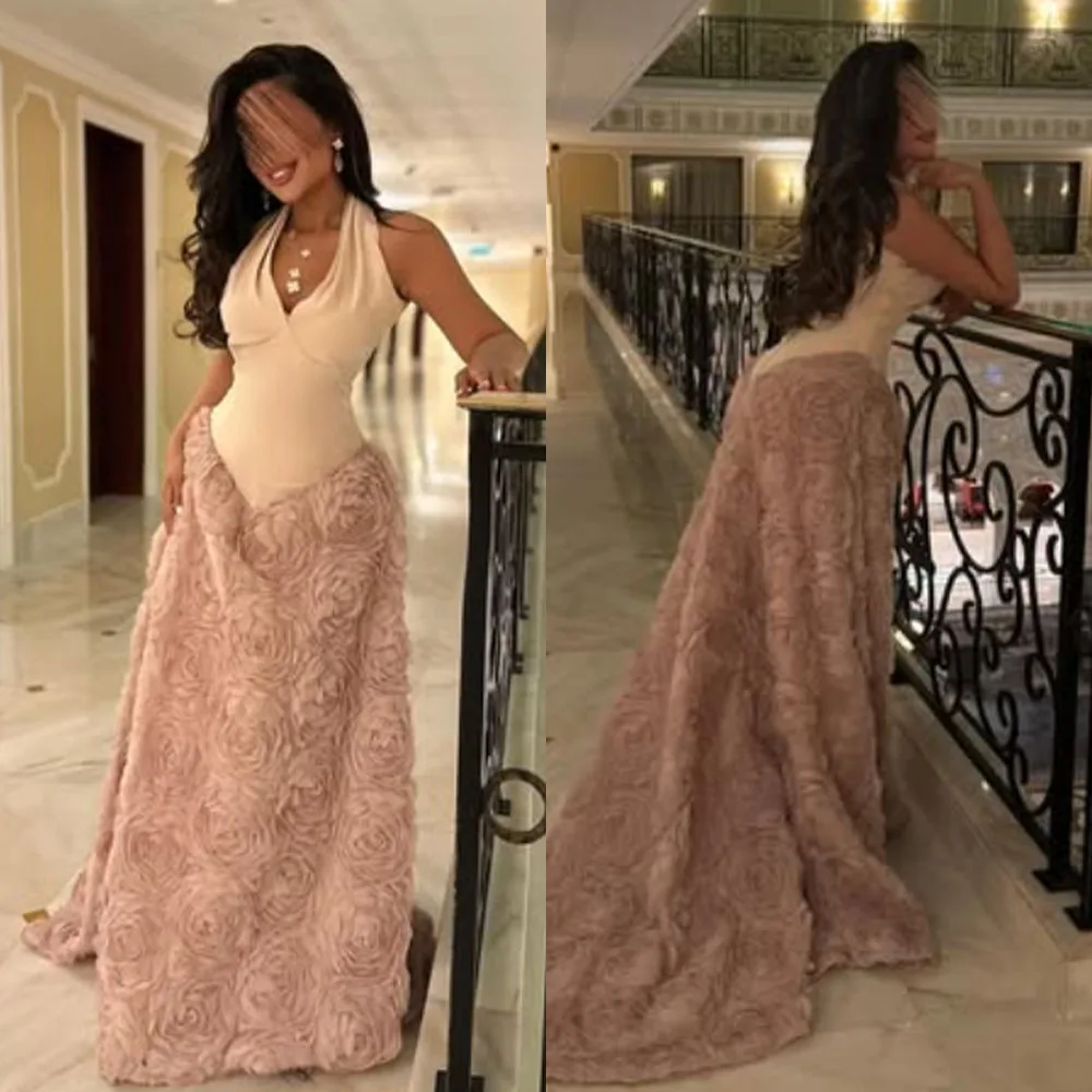 

High Quality Customized V-neck Halter Floor Length Flowers Sleeveless A-line Court Train Luxury Evening Dress Women فساتين سهره