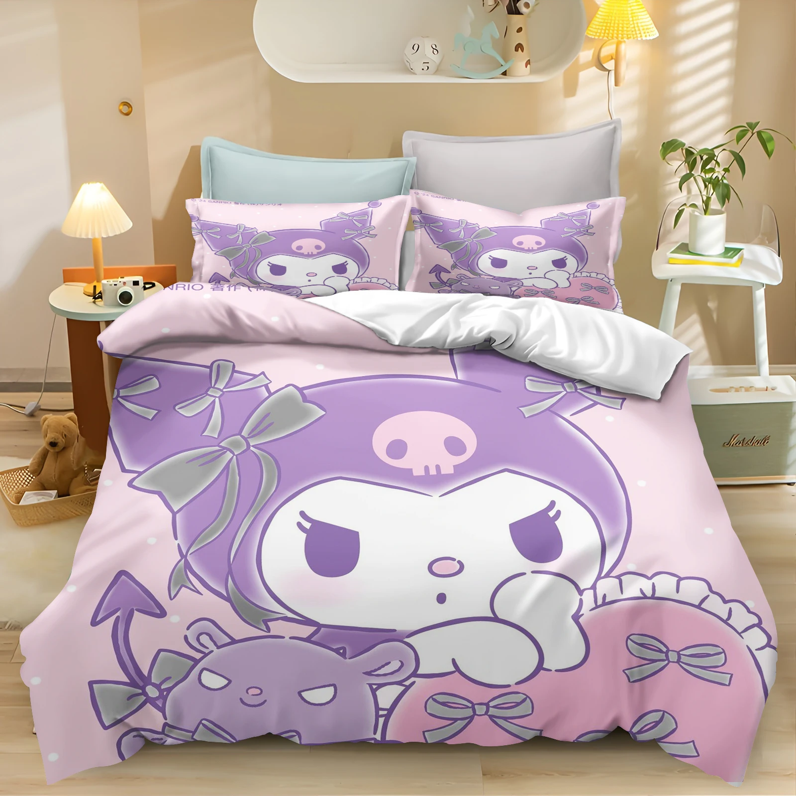 Housse de couette pour filles, ensemble de literie Kuromi, impression numérique, couette, ensemble de lit pour enfants, taie d'oreiller pour garçon, cadeau pour adulte