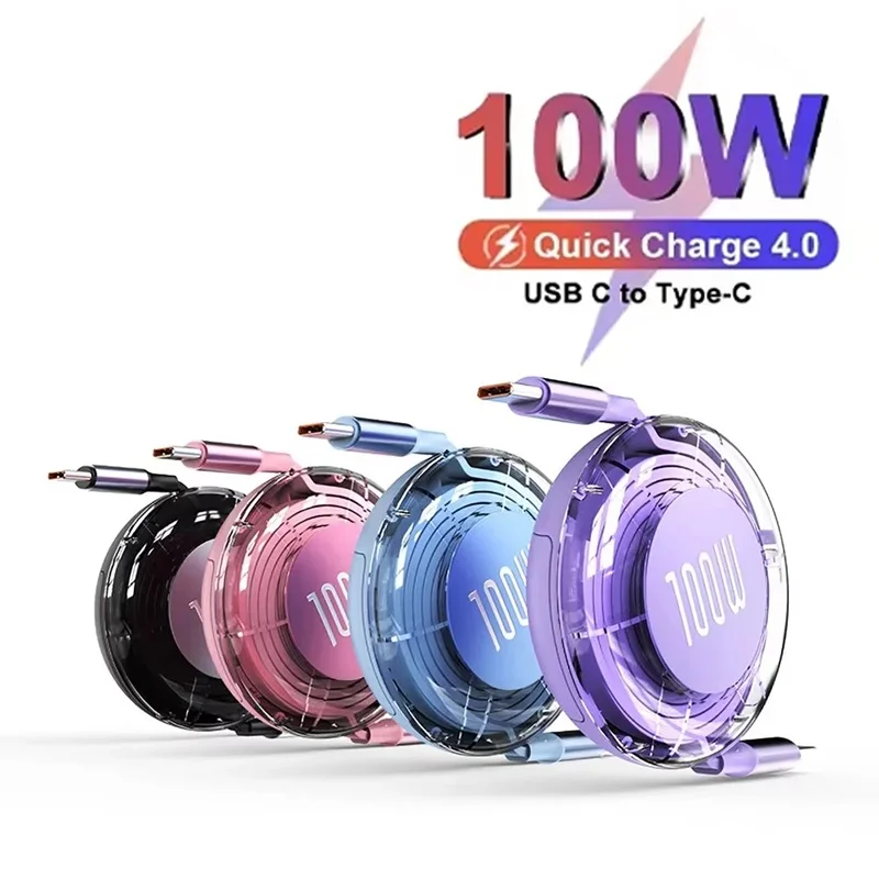 PD 100W Retractable Cable Type C to Type C Fast Charging Data Cable USB C to USB C Cable For iPhone Xiaomi Huawei Tablet Laptops