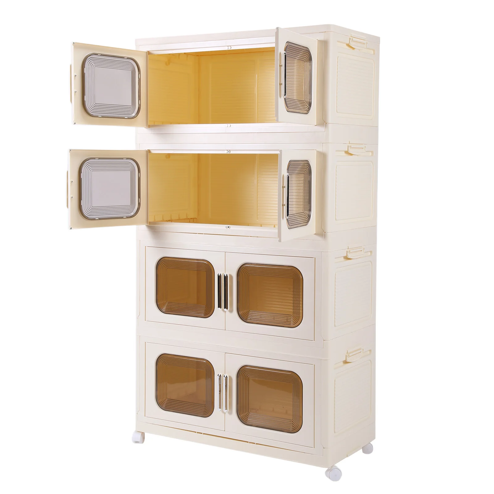 4 Pack Foldable Storage Box with Wheels and Magnetic Doors Stackable Storage Container Plastic Storage Bins for Home