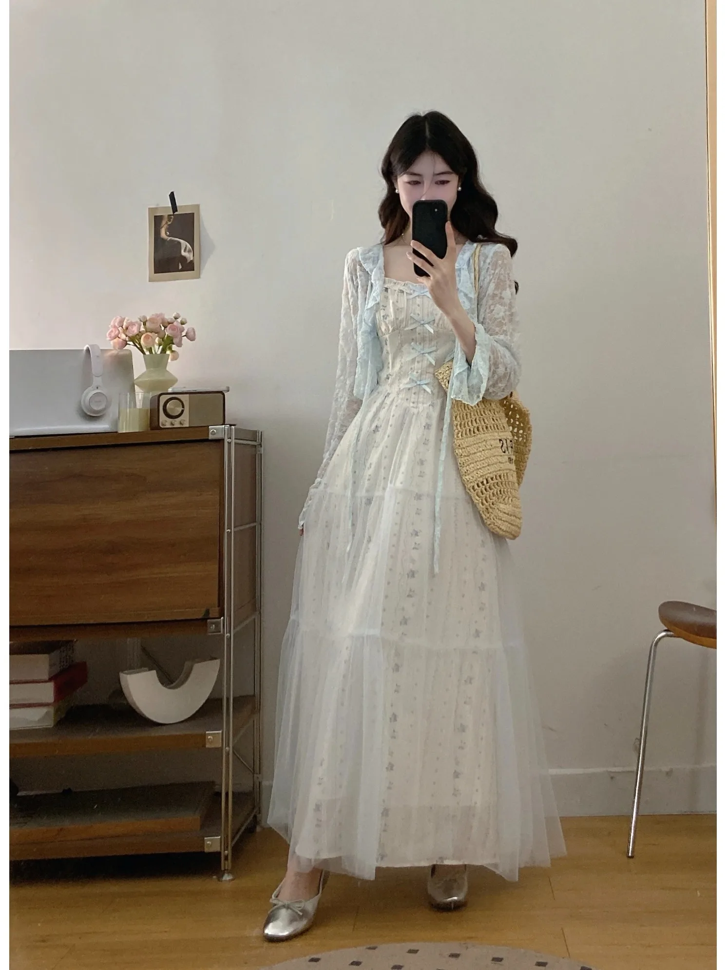 

Large Size Floral Print Dress Set Women's Lace Mesh Gown with Wood Grain Cardigan Two Piece Set Breathable Summer Fashion