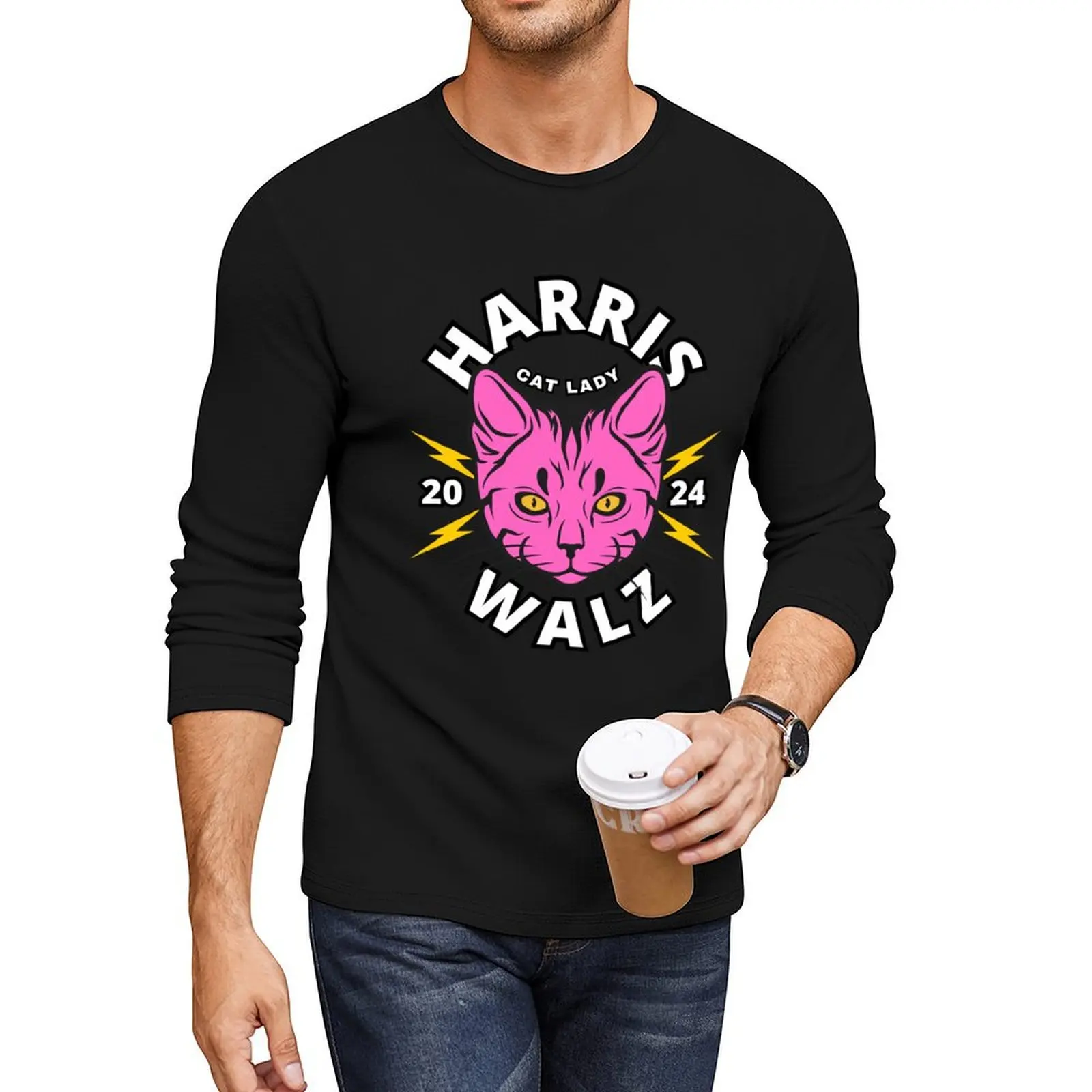 

Harris and Walz 2024 cat lady with pink cat head graphics Long T-Shirt kawaii clothes oversized t shirt t shirt for men