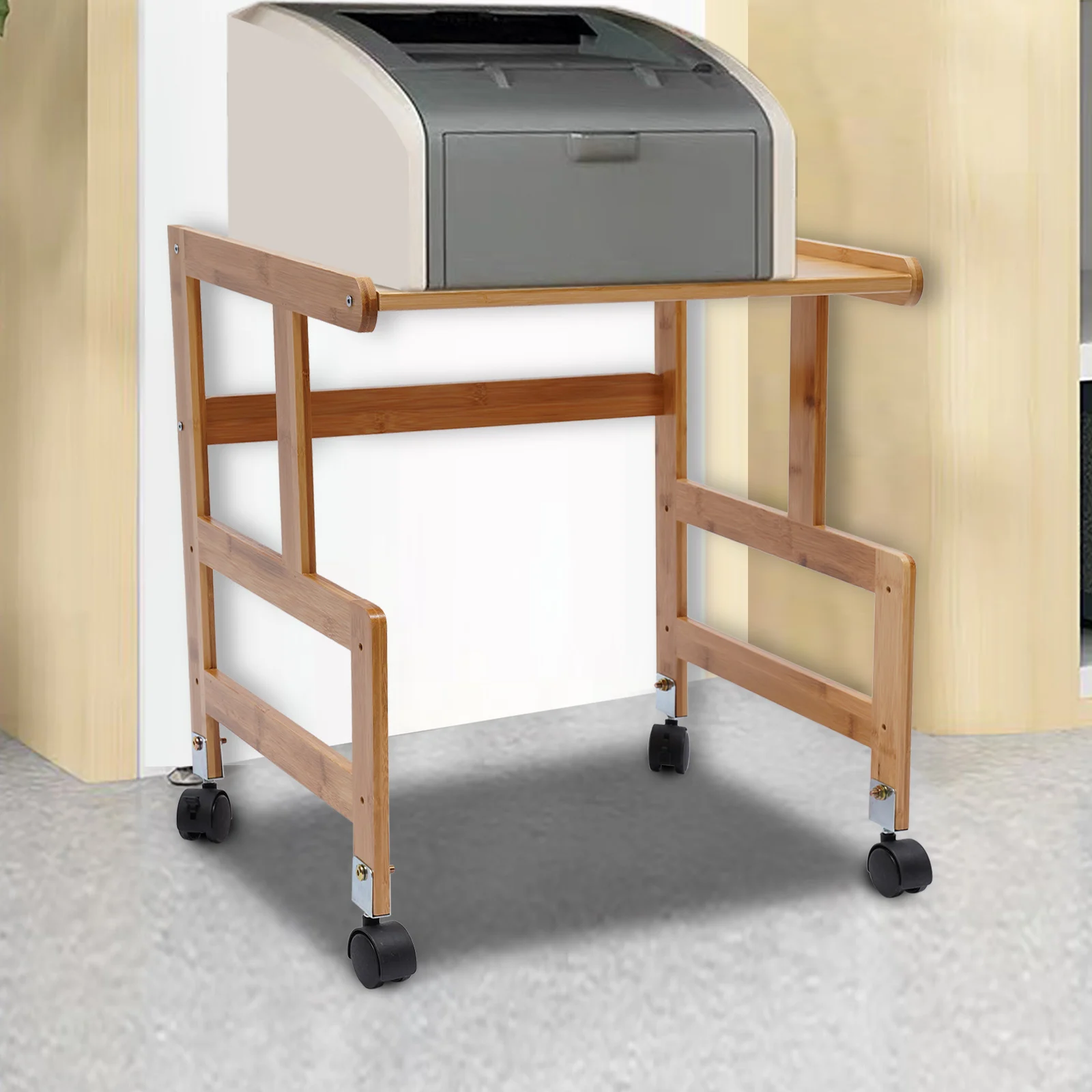 Mobile Printer Stand Holder with Storage Shelf , Rolling Cart and Wheels, Bamboo Rack for Home and Office