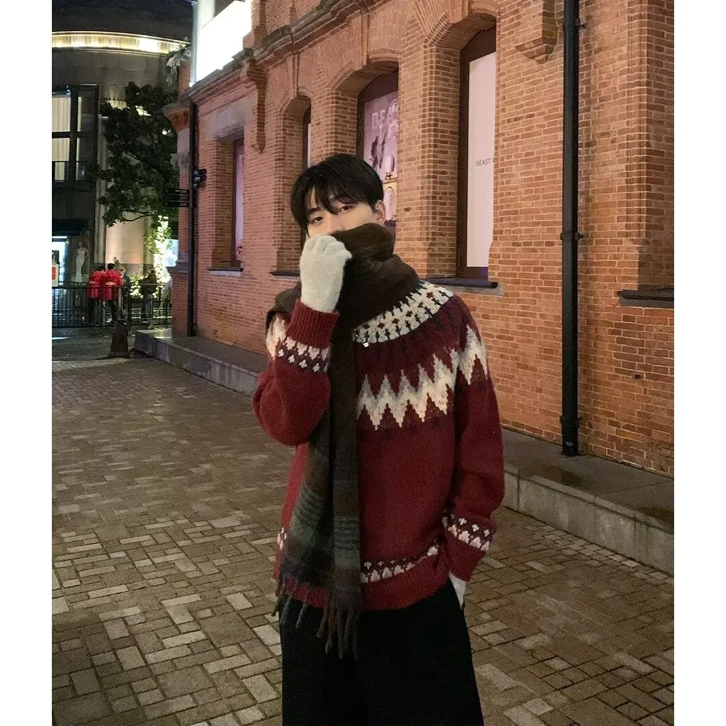 

Retro American College Sle Men's round Ne Knitwear Diamond Pattern Sweater Outerwear Fair Isle Soft Polyester Casual Loos...