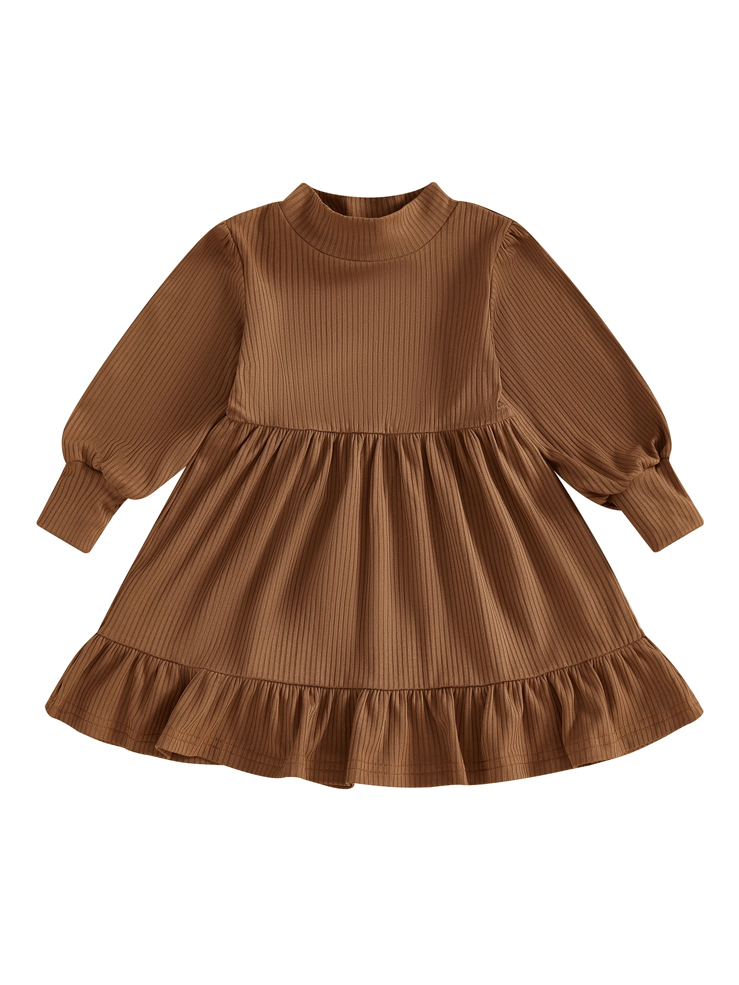 Toddler Kid Baby Girls Casual Fashion Dress Long Sleeve Turtleneck Solid Color Ribbed A Line Ruffle Hem Fall Dress
