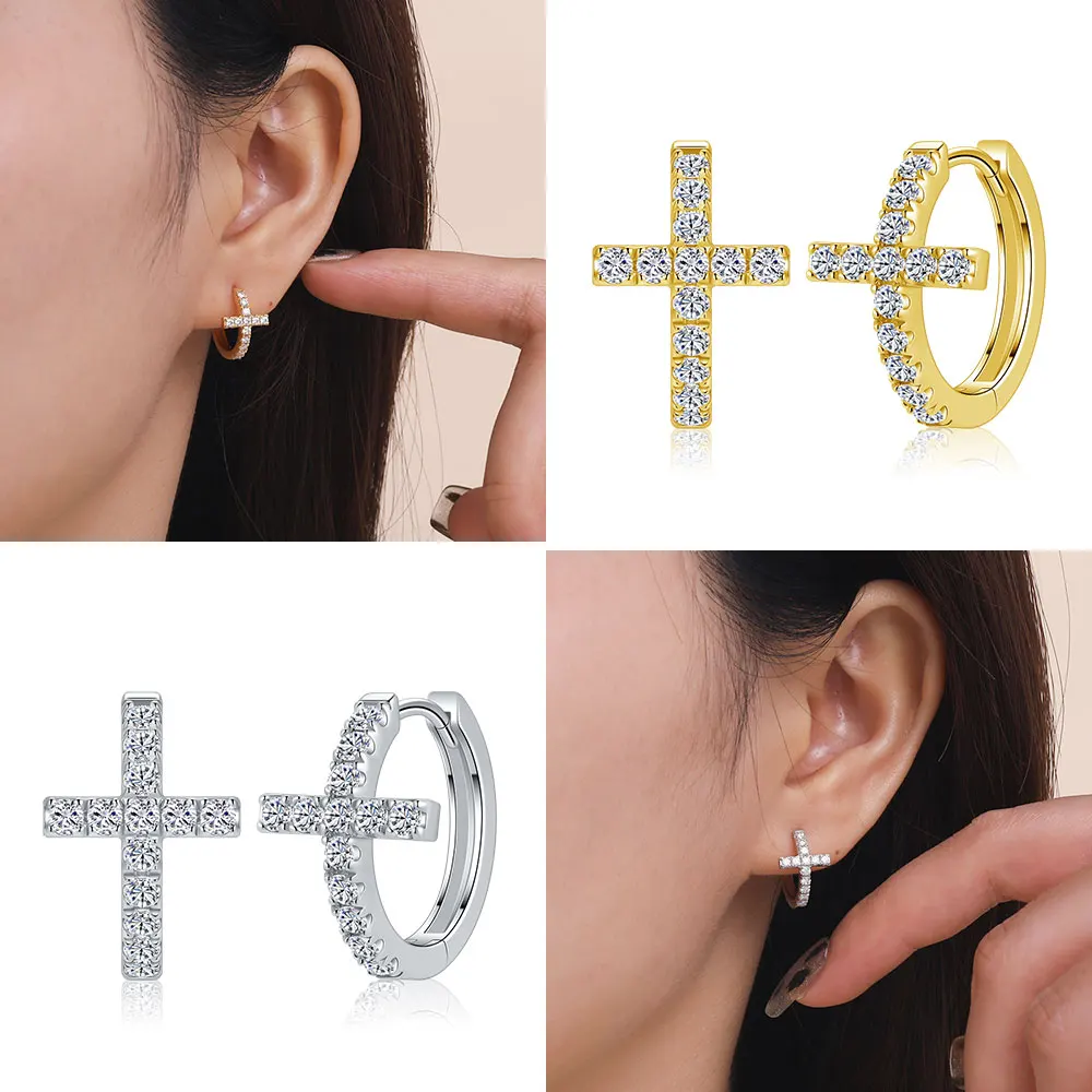 

M-JAJA Moissanite Cross Hoop Earrings for Women S925 Sterling Silver Diamond Earrings Gold Plated Trendy Jewelry Christmas Gift