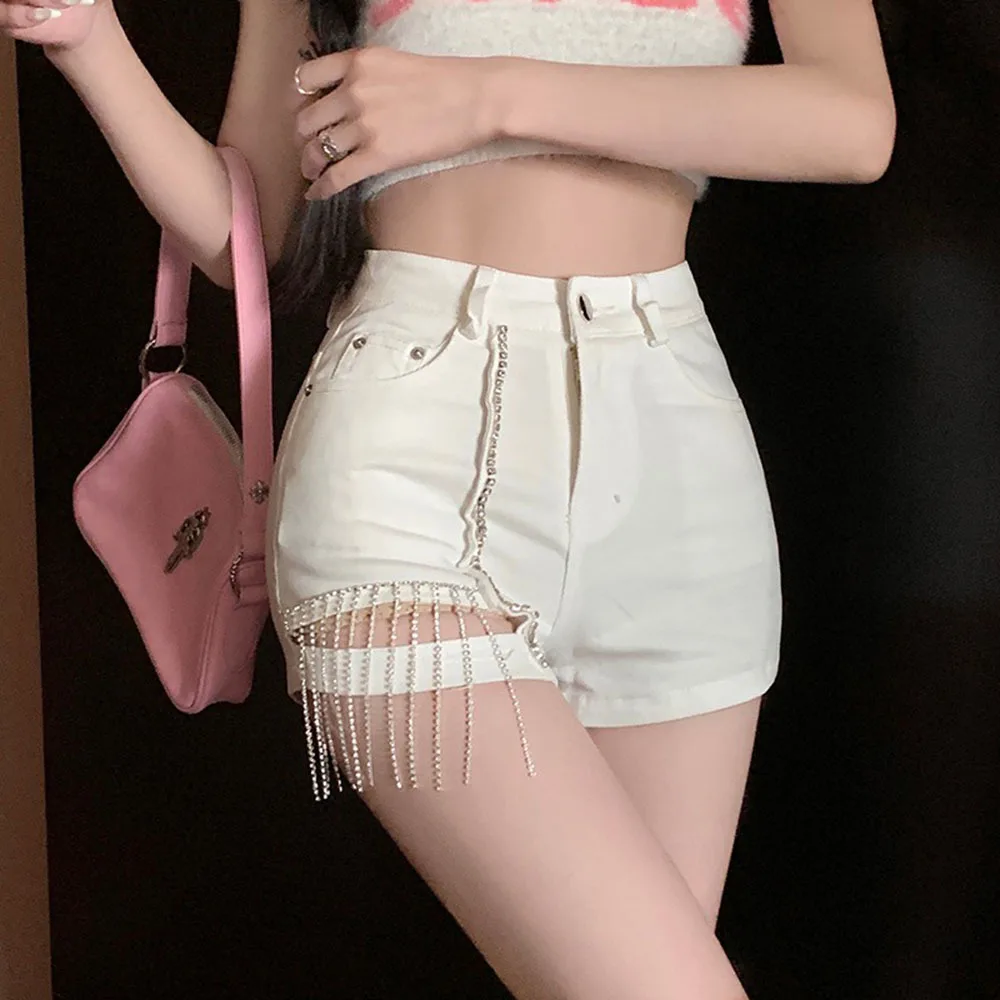 Sexy Hot Girl Rhinestone Tassel Shorts Women High Waist Short Jeans Slim Bag Hips Wide Legs Straight Leg Denim Shorts Hot Pants