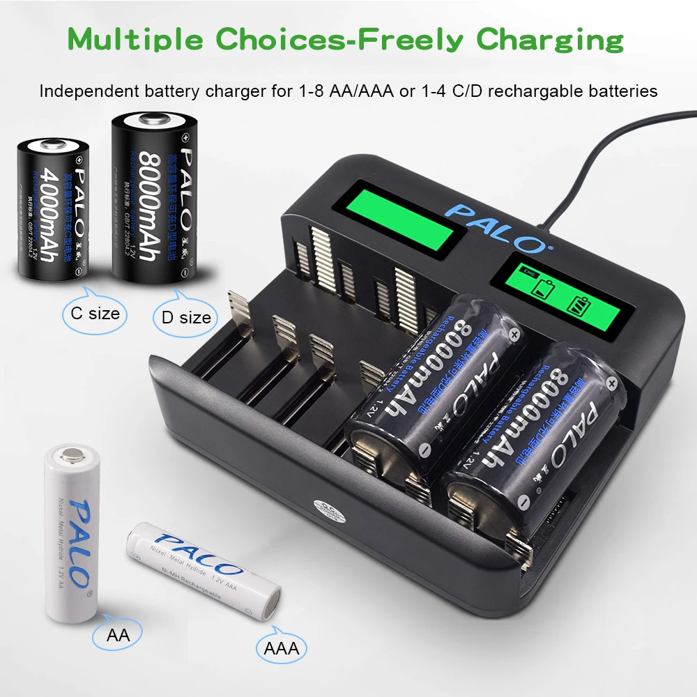 PALO USB LCD Fast Charger for 1.2 Volt AA AAA C D Battery Chargers 8 Slots For 1.2V AA AAA SC C D NIMH NICD Rechargeable Battery