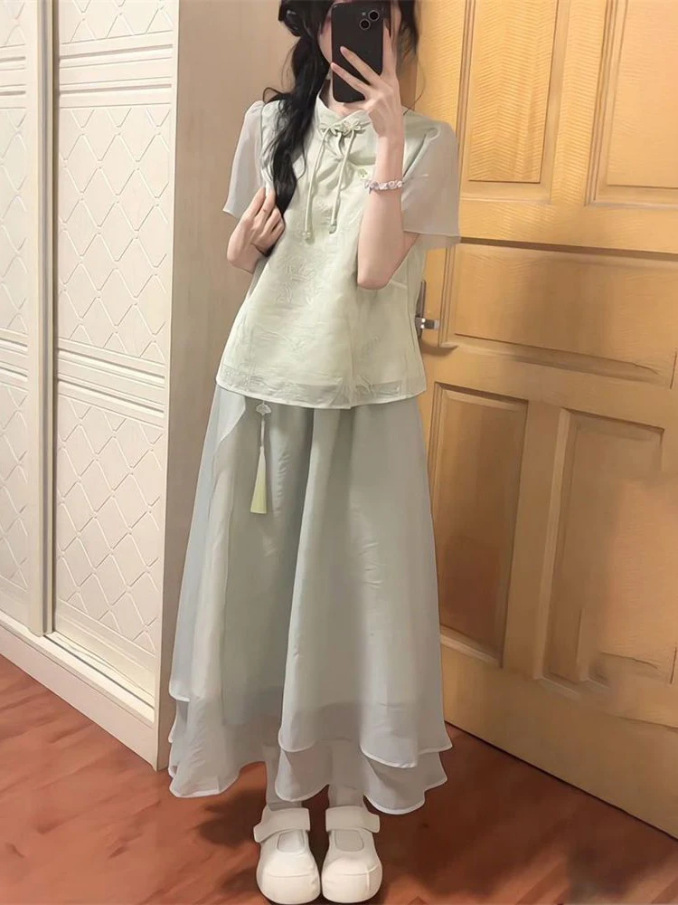 

Summer New Chinese Style National Trend Embroidery Patchwork Hanfu Button Top Women's High Waist Skirt Two-Piece Set