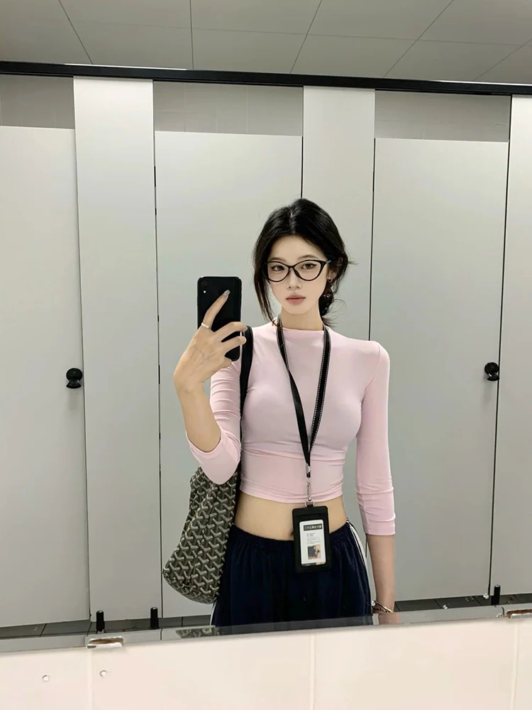 Sexy Pink Slim Fit ort Sve T-irt Women's Summer High Collar Tight Waist ort Length Bodycon Cotton Polyester Blend