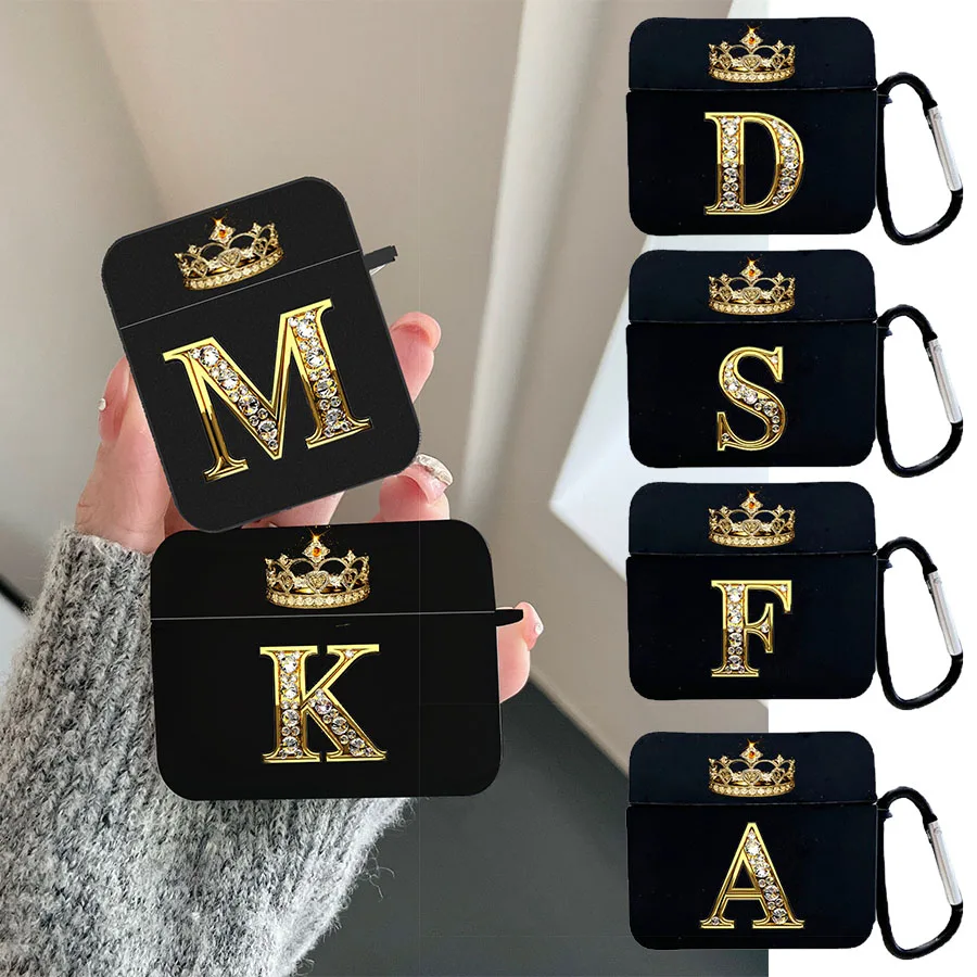 Diamond Crown Letter Airpods Case for AirPods Pro2 3 2 1 Pro Black Wireless Bluetooth Earphone Box Cute A-z Cover
