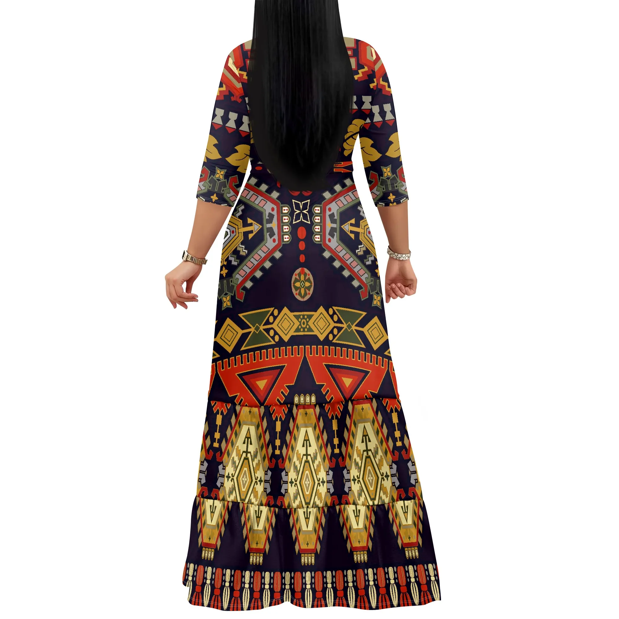 Vestido feminino com cinto de manga comprida, vestido elegante estampado estilo retrô com bainha de três camadas e bolso.