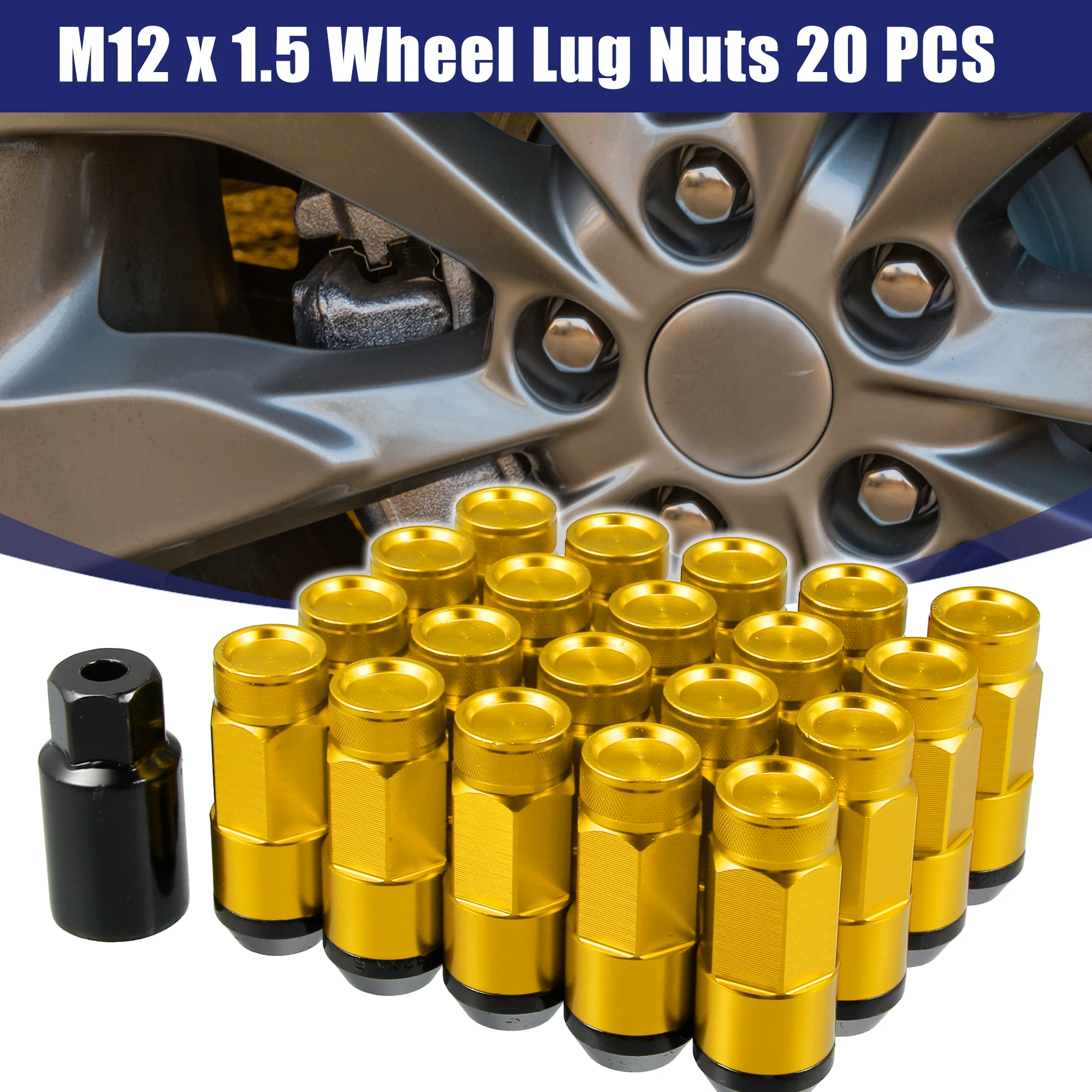 UXCELL M12x1.5 Car Wheel Heptagon Lug Nut Kit 54mm Screws with Socket Key Gold Tone