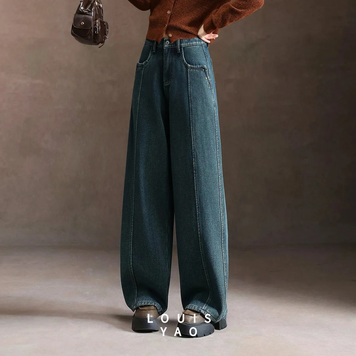 LOUISYAO Thickened Straight Leg Denim Pants Women 2025 Autumn Winter Cotton Textured High Waist Loose Long Jeans