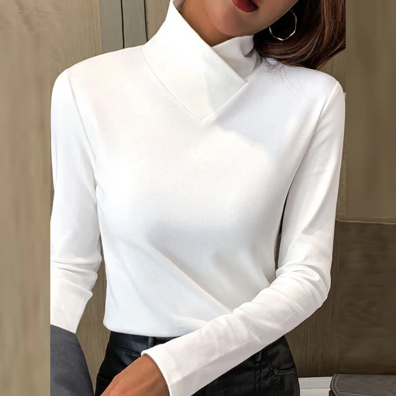 Autumn Turtleneck Shirt Women Elegant Solid Long Sleeve Basic Shirts For Women Casual Office T-Shirt Tops