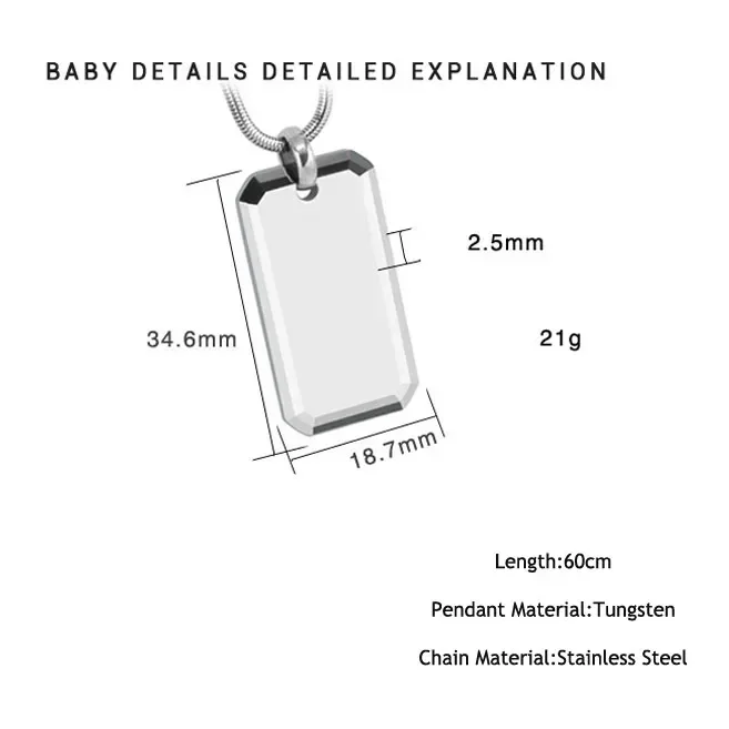 Personalized DIY Men's Necklace Black Tungsten Carbide Dog Tag Pendant Customized for Him Dad Jewelry Gift 24Inch