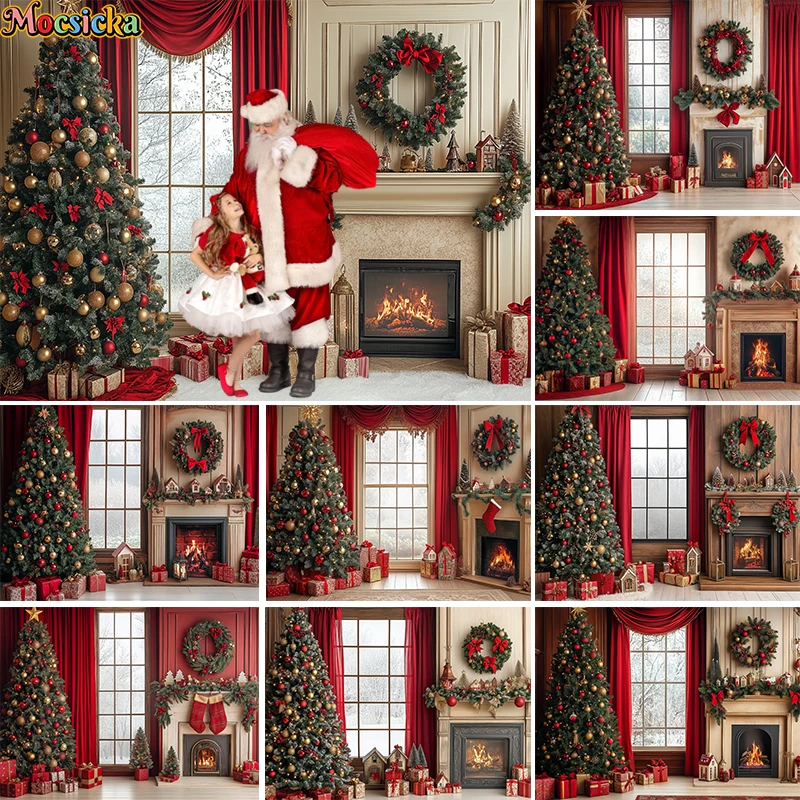 Mocsicka Xmas Red Windows Trees Backdrops Kids Adult Photography Child Baby Photocall Decors Santa Claus Backgrounds