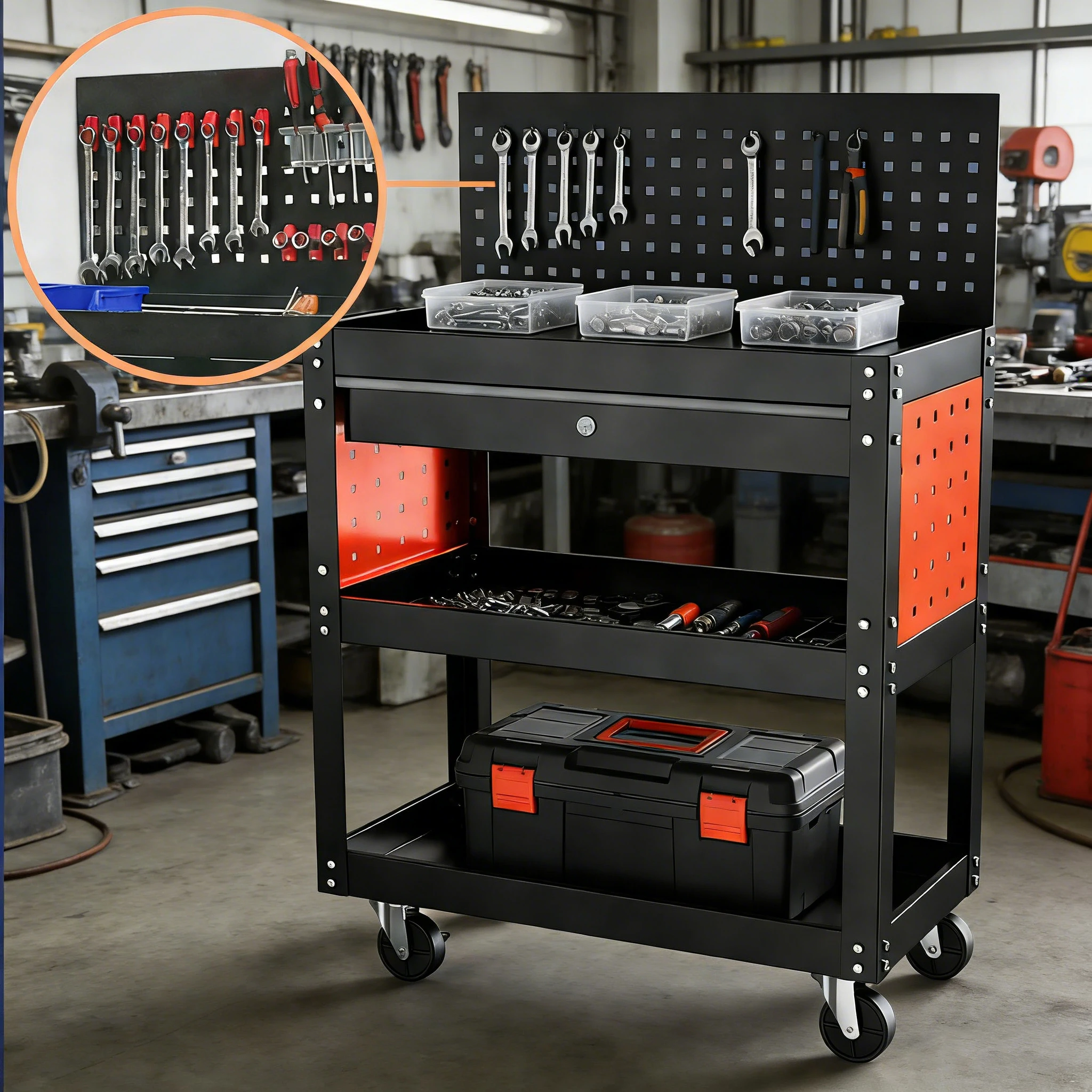 Carro de herramientas rodante de garaje de Metal de 3 capas con cajón, carro con ruedas bloqueadas para el hogar y la industria, organizador de herramientas para el hogar y la taller
