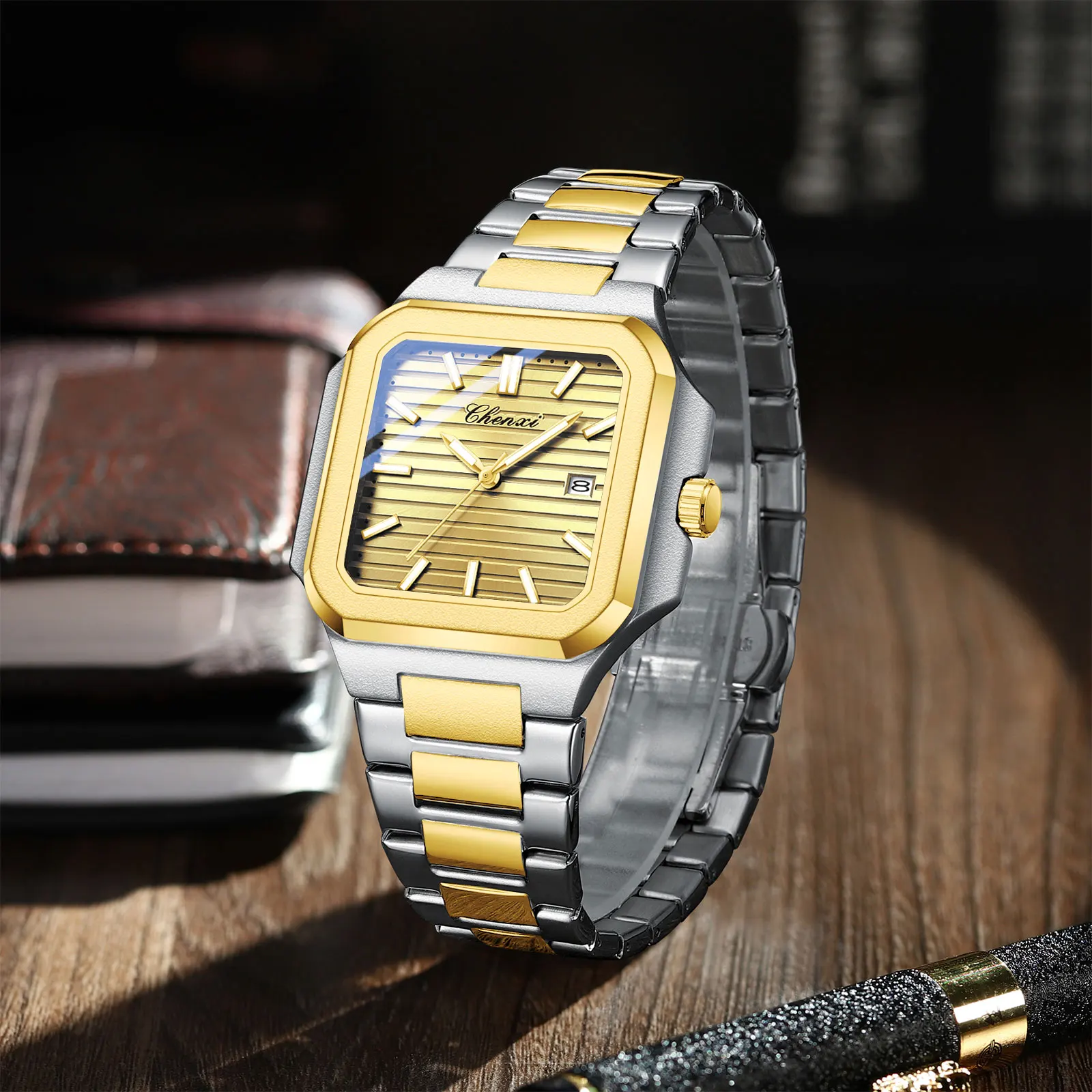 CHENXI Business Men Wristwatch Luxury Square Stainless Steel Quartz Watch Waterproof Date Casual Clock Relogio Masculino