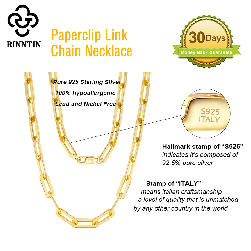 Rinntin 925 Sterling Zilveren Paperclip Hals Ketting Mode 14K Gouden Schakel Kettingen Voor Vrouwen Zilver Sierlijke Sieraden Sc39