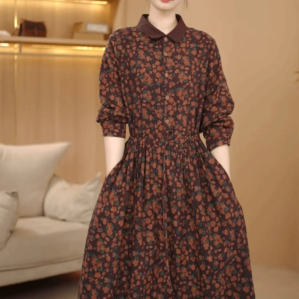 Sukienka damska midi z kołnierzykiem Piotrusia Pana, z lnu w kwiaty, w stylu vintage, z długim rękawem i paskiem, elegancka, plus size.