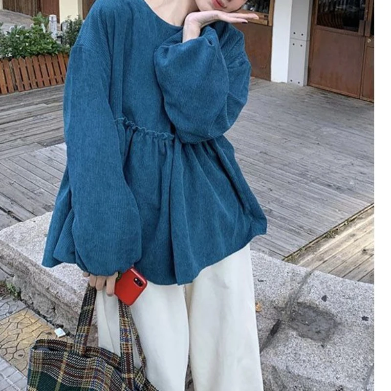 

Retro temperament corduroy bubble sleeve sweatshirt for autumn and winter, oversized loose long sleeved doll shirt