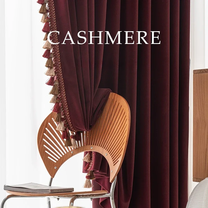 Luxury Burgundy Velvet Blackout Elegant Curtain with Tassels Tulle for Living Room Bedroom Dining Home Window Decor Custom Size