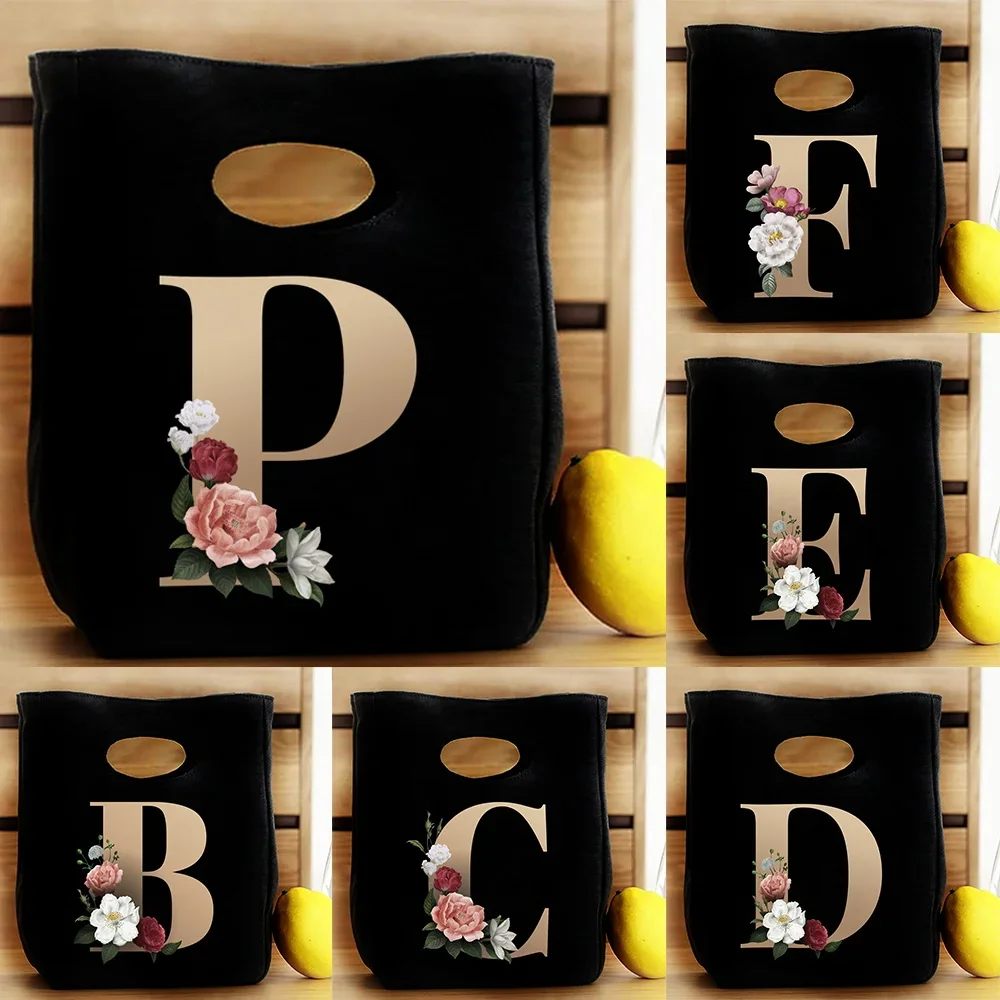 Women's Bag for Lunch Diner Container Bento Bowl Pouch School Lunchbox Tote Flowers Initial Letters Food Storage Handbag