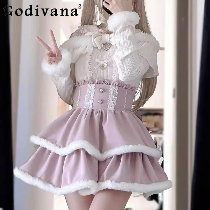 

Elegant Lace Cute Pearl Knitted Off-the-shoulder Sweater Spring Autumn Sweet Girl High Waist A-line Age-reducing Japanese Skirt